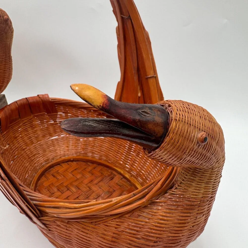 Goose or Swan Duck Nesting Baskets 1970s Mid Century Woven Wicker Rattan & Bambo